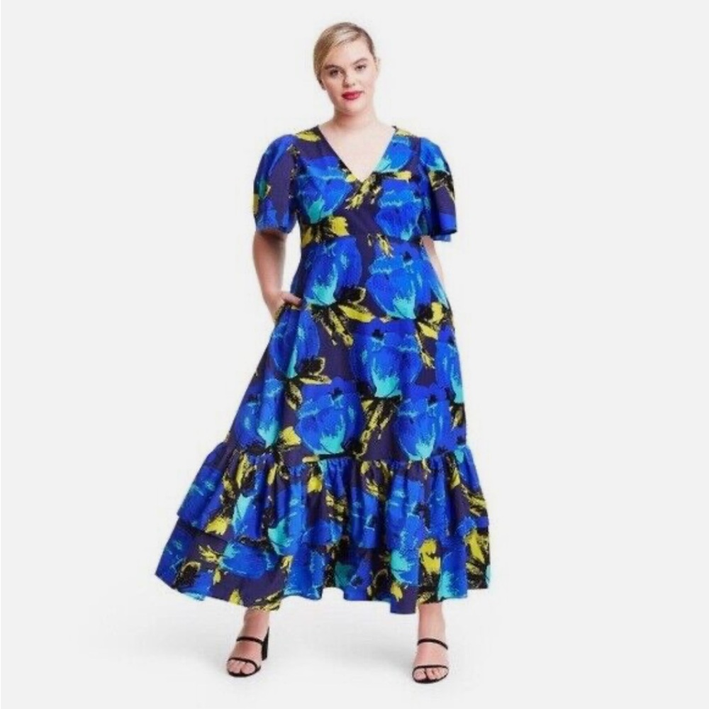 Christopher John Rogers for Target Blue Floral Puff Sleeve Tiered Dress 16W 18W